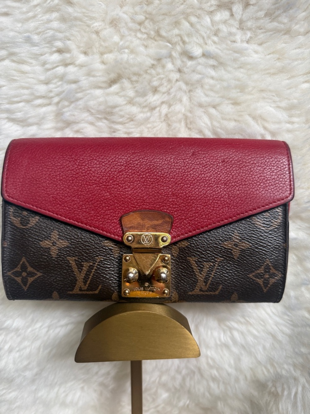 Louis Vuitton Red Leather & Monogram Canvas Clasp Wallet